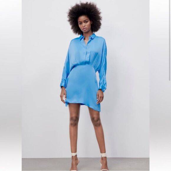 NEW ZARA sky blue Satin Button Up Mini Dress with Gem Detailing - Picture 1 of 13